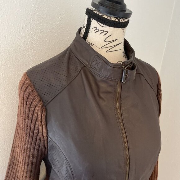 Maurice Sasson Brown Leather & Wide Knit Biker Style Bomber Jacket - MEDIUM (U5) - Picture 2 of 14